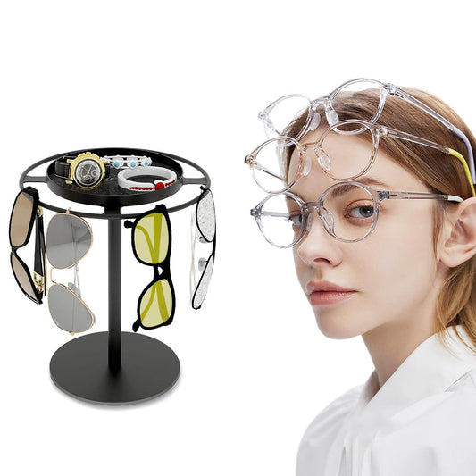 Metal Glasses Organizer Stand with Storage Tray Stylish Desk Organizer for Sunglasses Jewelry Black