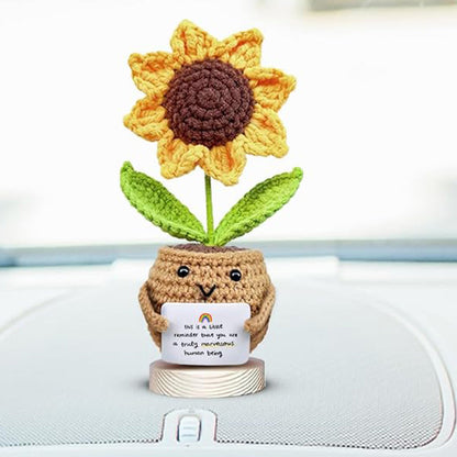 2Pcs Handcrafted Sunflower Doll Soft Acrylic Fabric Yarn Decor with Motivational Card