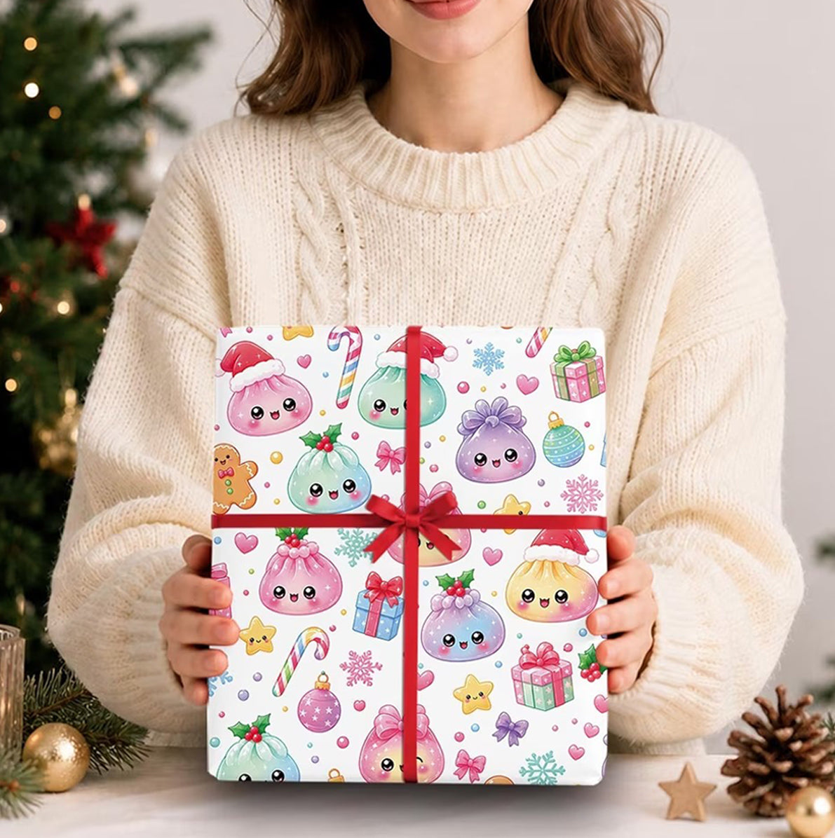Christmas Cartoon Dumpling Gift Wrapping Paper Roll for Crafts
