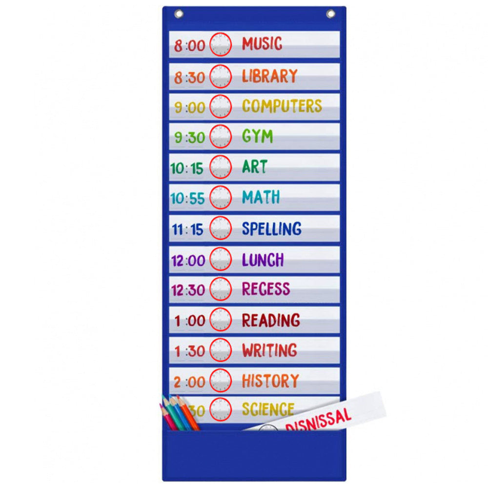 Wall Time Management Card Organizer with 14 Dry Erase Cards - Blue