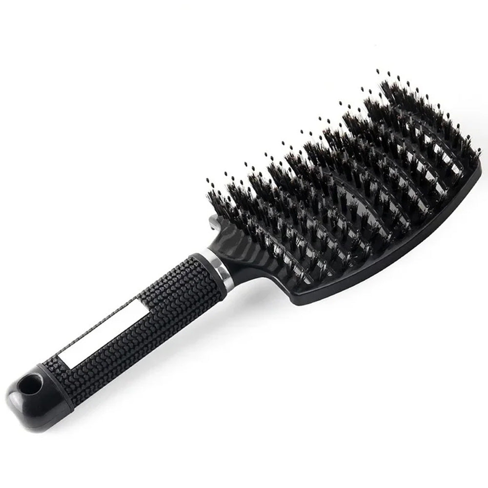 Detangle Nylon Boar Bristle Brush Head Scalp Massage Comb For Fine Hair-Black