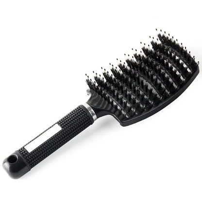 Detangle Nylon Boar Bristle Brush Head Scalp Massage Comb For Fine Hair-Black
