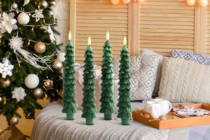 4Pcs Christmas Tree Candles LED Flameless Taper Candles 3D Wick Lifelike Leaves Dinner Xmas Holiday Decoration