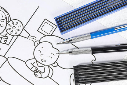 2Pcs 2B Lead Holder Pen Automatic Mechanical Drafting Drawing Pencil Art Tool With Refills Case-Blue Pencil With Silver Refills