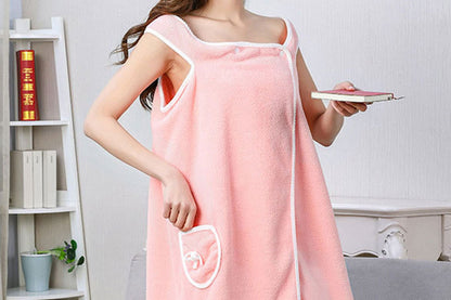 Coral Fleece Bath Towel Wearable Wrap Absorb Bathrobe With Pocket-Pink