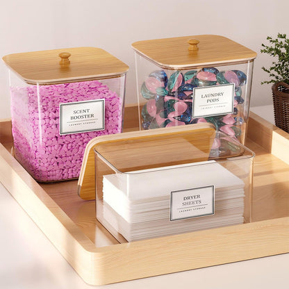 4Pcs Clear Laundry Storage Containers with Airtight Wooden Lids-Khaki