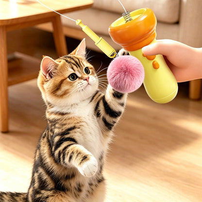 Cat Teaser Launcher with Retractable Cord and 2 Plush Balls - Orange
