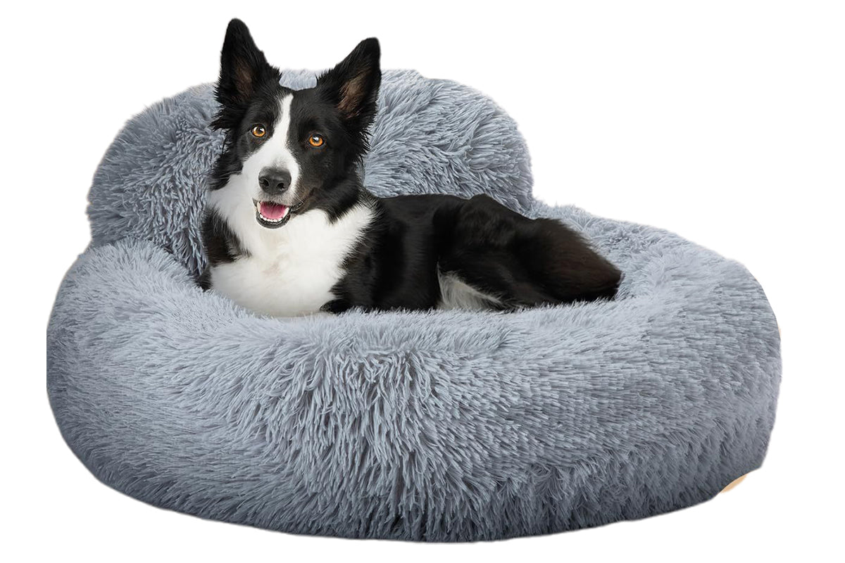 Calming Donut Dog Bed Anti-Slip Fluffy Plush Faux Fur Pet Bed for Most Dogs -Light Grey