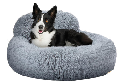 Calming Donut Dog Bed Anti-Slip Fluffy Plush Faux Fur Pet Bed for Most Dogs -Light Grey
