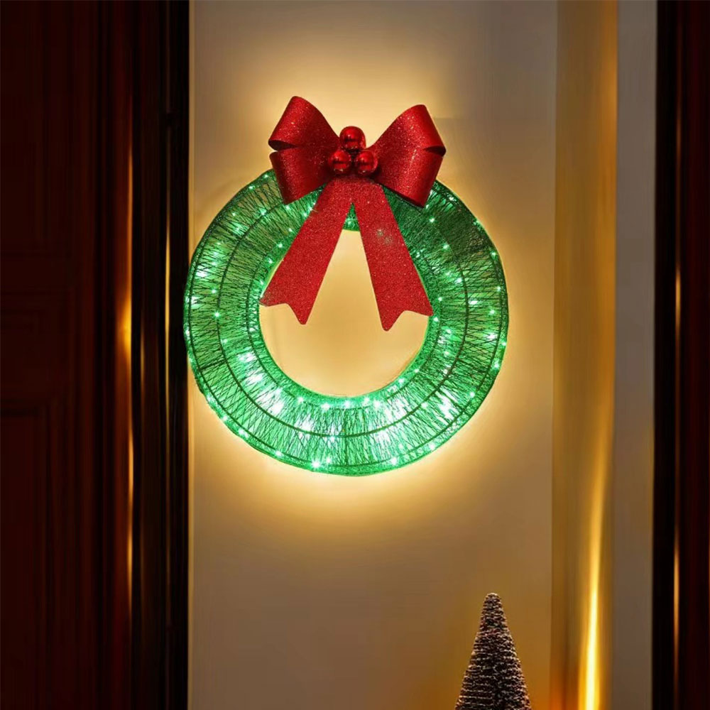 Outdoor Christmas Wreath LED Metal Holiday Garland for Home Exterior Decor-Green