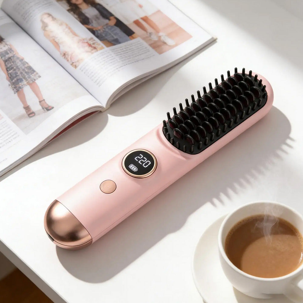 Cordless LCD Hair Straightening Brush 2-in-1 Portable Styling Tool for Travel-Pink