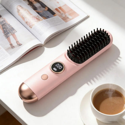 Cordless LCD Hair Straightening Brush 2-in-1 Portable Styling Tool for Travel-Pink
