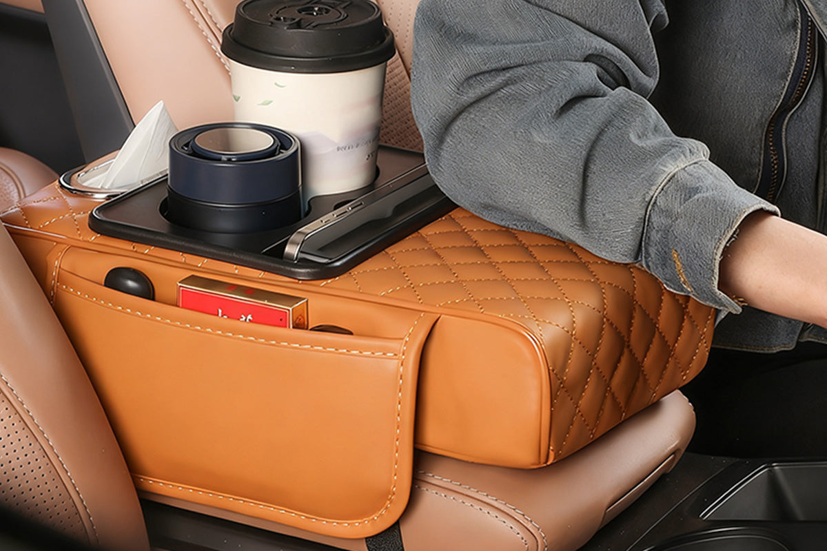 Car Armrest Cushion Organizer with Cup Holder Center Console Booster Pad-Brown