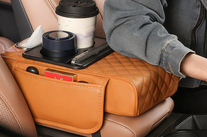 Car Armrest Cushion Organizer with Cup Holder Center Console Booster Pad-Brown