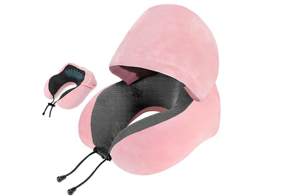 Hooded Travel Pillow with 3D Eye Masks Memory Foam Neck Pillow for Airplane Sleeping-Pink