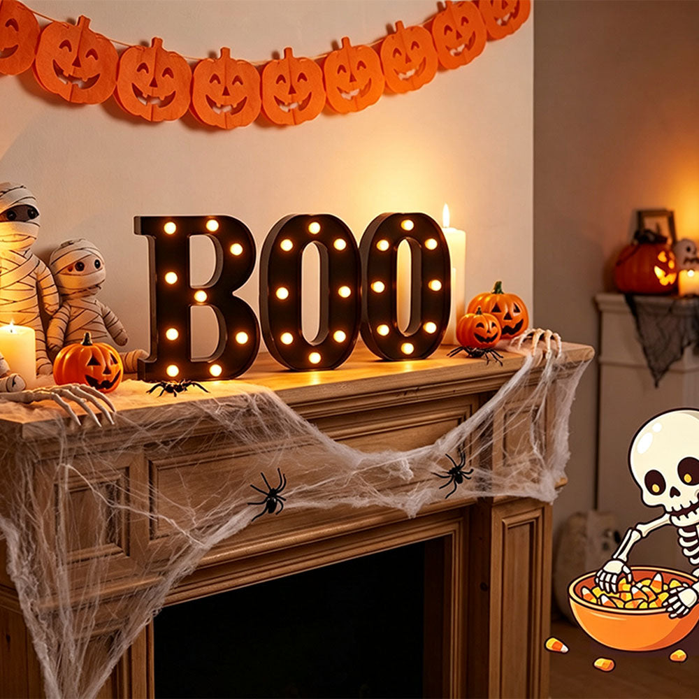 3 Piece BOO Orange Light Up Halloween Decorative Sign for Parties