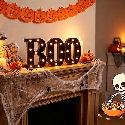 3 Piece BOO Orange Light Up Halloween Decorative Sign for Parties