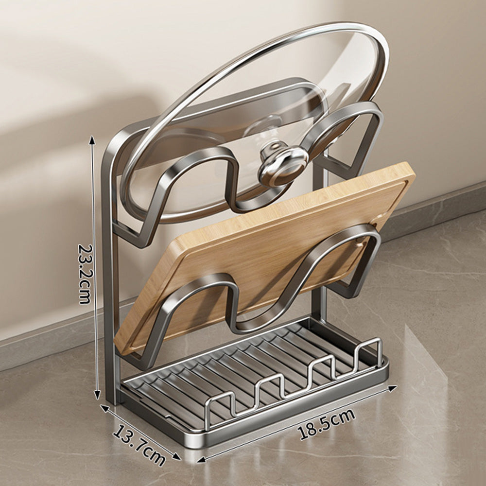 Pot Lid Storage Rack Carbon Steel Holder with Drip Tray Organizer-Grey