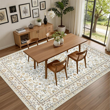 Crystal Velvet Vintage Boho Rug Non-Slip Floor Carpet for Bedroom Dining Room-White