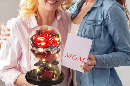 Rose in Glass Dome Handmade Preserved Flower Decoration Dome with Led LightsRed