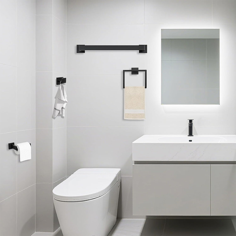 5Pcs Bathroom Towel Bar Set 40cm Stainless Steel Wall Mount Black