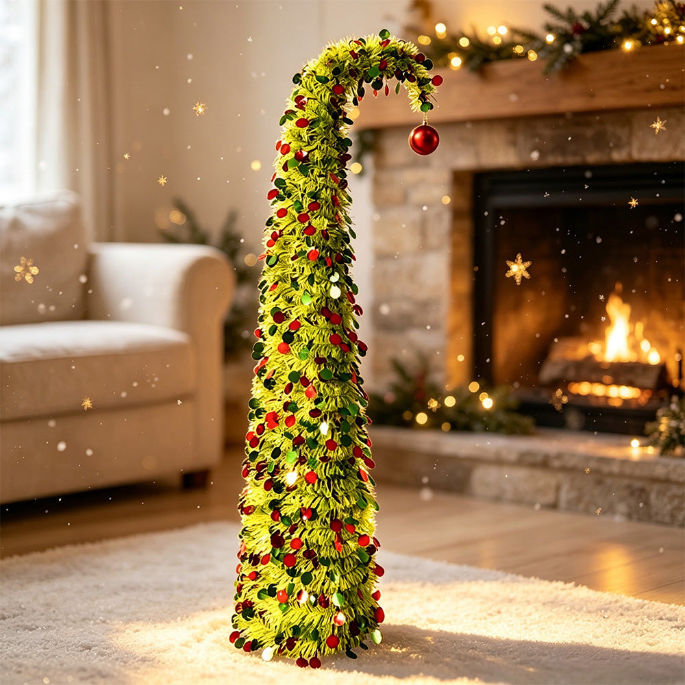 1.5m PET Tinsel Collapsible Crooked Christmas Tree Xmas Decoration - Light Green