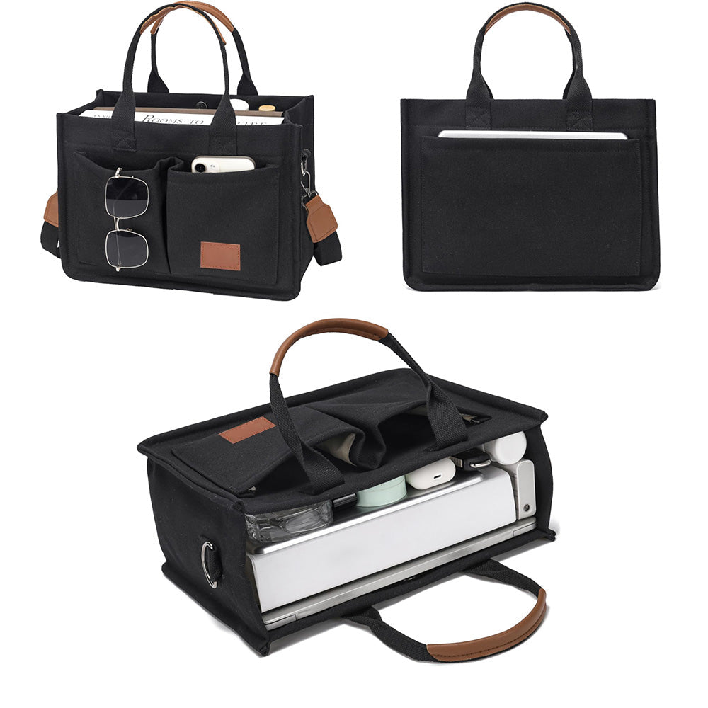 Canvas Tote Bag with Laptop Compartment Multi-Pocket Crossbody for Women Black