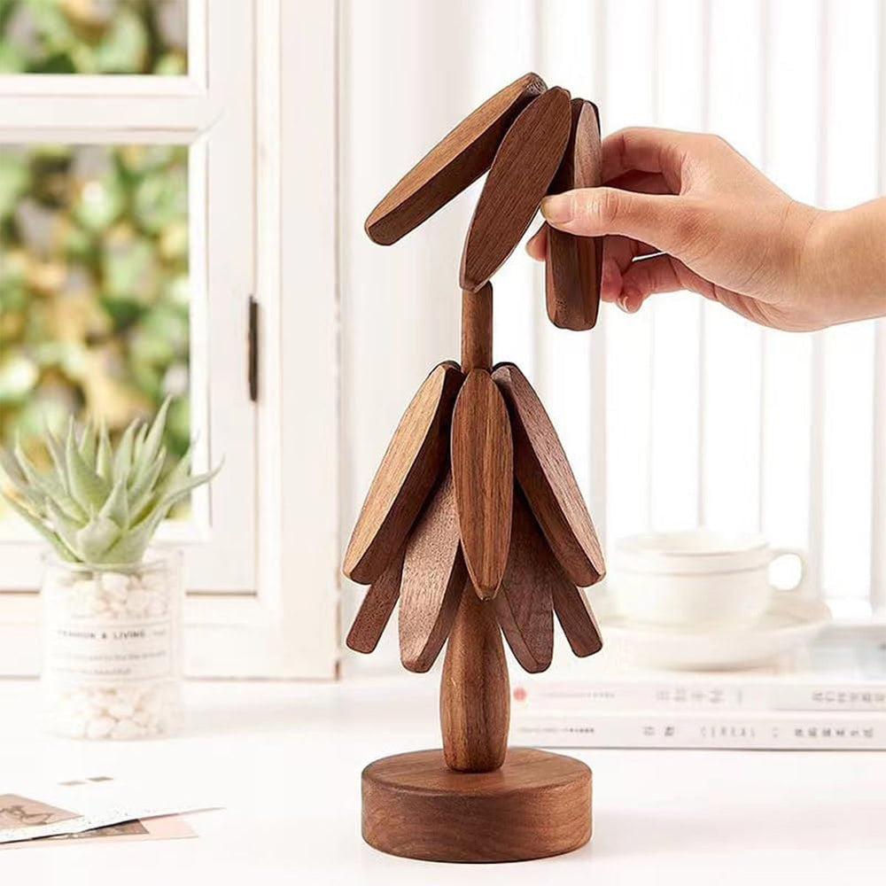 4Pcs Christmas Tree Coasters Wooden Tree Shape Trivets for Hot Dishes with Stand Dark Brown