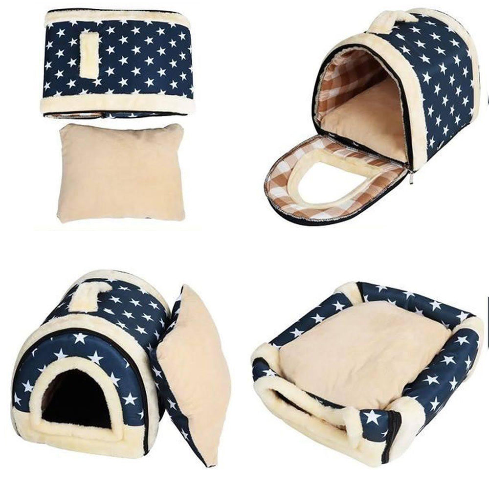Pet Dog House Kennel Soft Bed Cave Cat Puppy Warm Cushion Blue