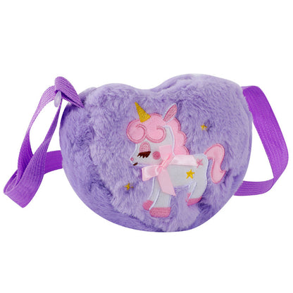 Cute Plush Unicorn Crossbody Bag Heart Shape Zipper Shoulder Bag for Girls Purple