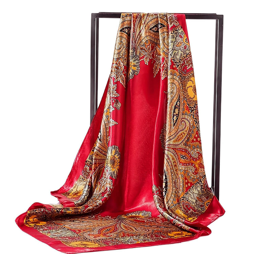 90cm Square Head Scarf Printed Satin Hair Scarf Bandanas for Women-Red