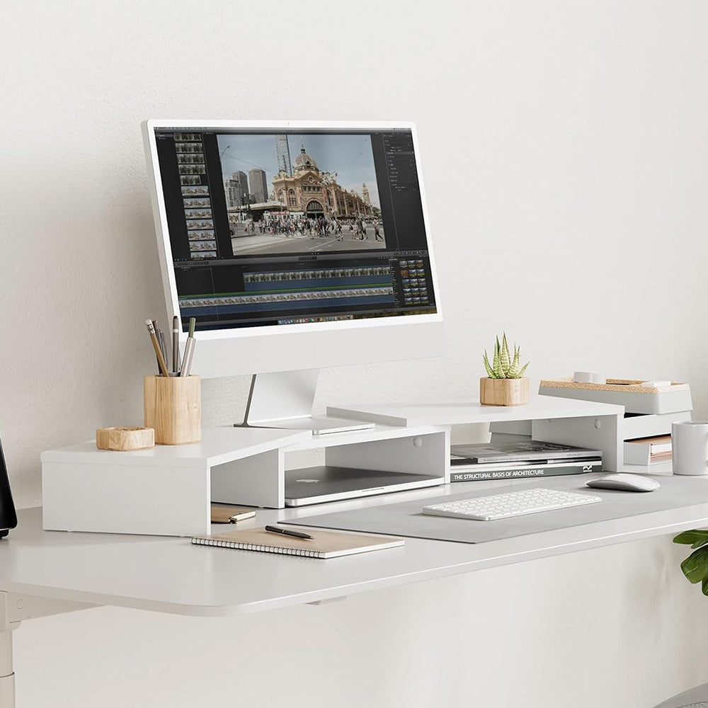 Dual Monitor Stand Riser Adjustable Desk Stand for iMac Laptop & Books White