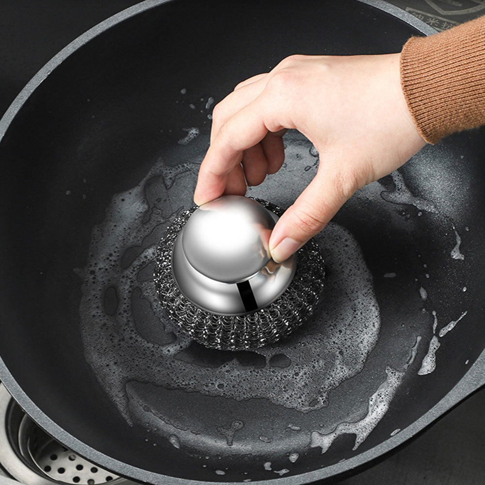 Scourer with Handle Stainless Steel Kitchen Scrubber Metal Scourers with 5 Replacement Heads