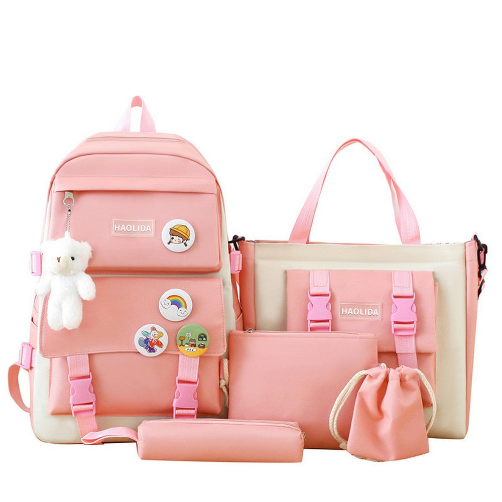 5Pcs Backpack Set for Girls with Tote Bag for Primary Elementary High School-Pink