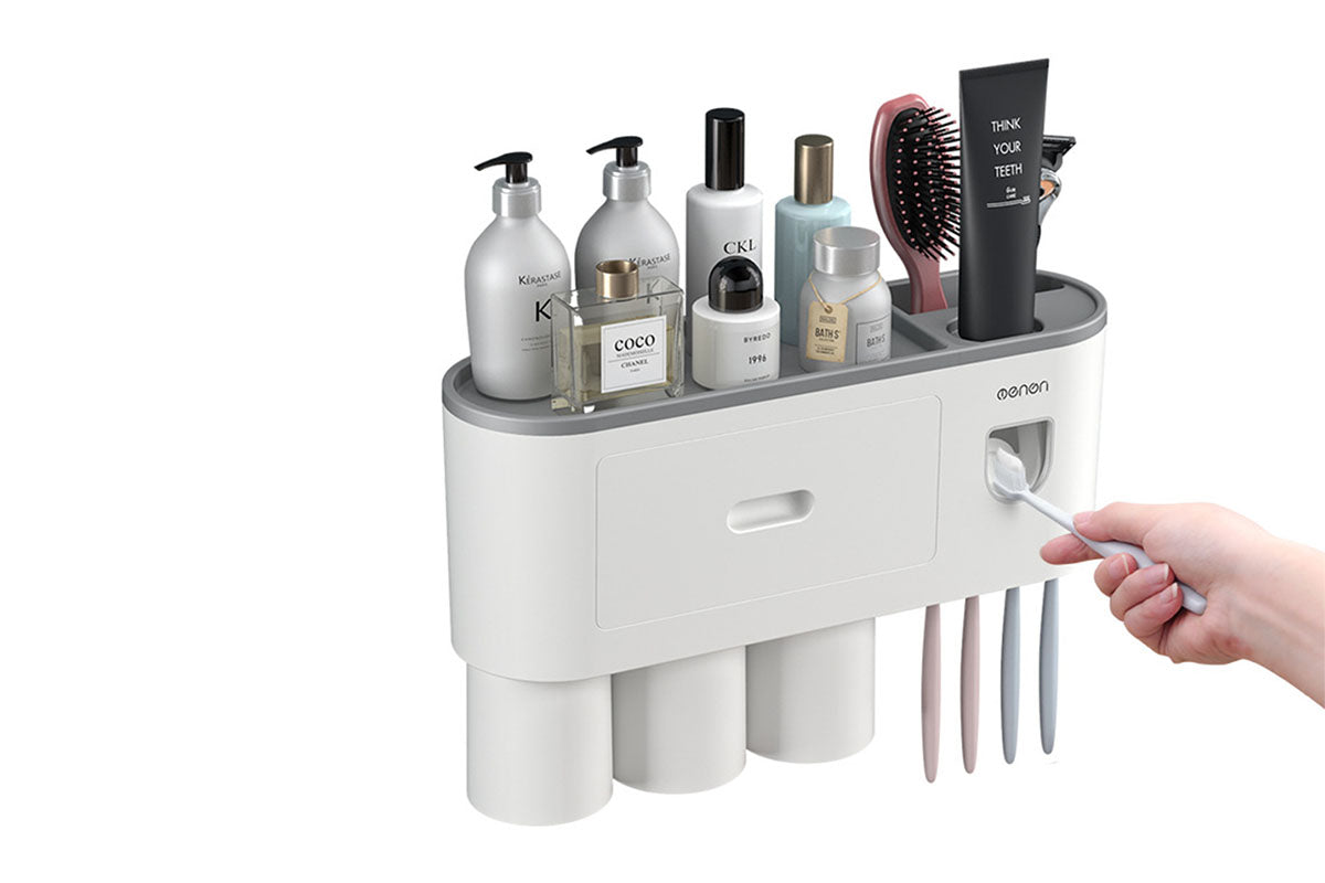 Wall Mounted Toothbrush Holder for Bathroom Automatic Toothpaste Dispenser Kit-Gray