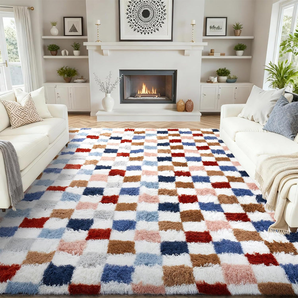 Checkered Plush Shaggy Rug Thickened Non Slip Carpet for Living Room Bedroom-Mixed