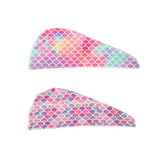 2 Pcs Fish Scales Style Print Microfiber Hair Drying Cap Yellow and Pink