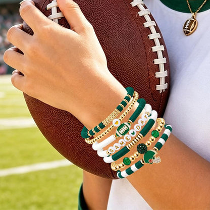 7 Piece Elastic Clay Bead Football Bracelet Stack Set - Green