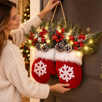 Christmas Wreath Glove Shape with Warm Light Door Hanging Decor
