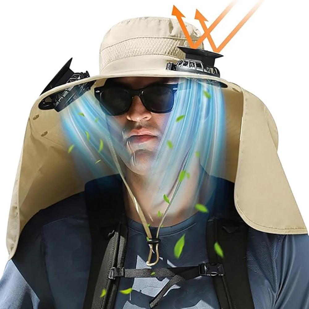 Outdoor Wide Brim Sun Hat with 2 Solar Fan Sun Bucket Hat for Fishing Camping Hiking Khaki