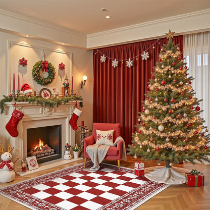 Christmas Plaid Short Pile Rug with Non Slip Rubber Backing - Red plaid
