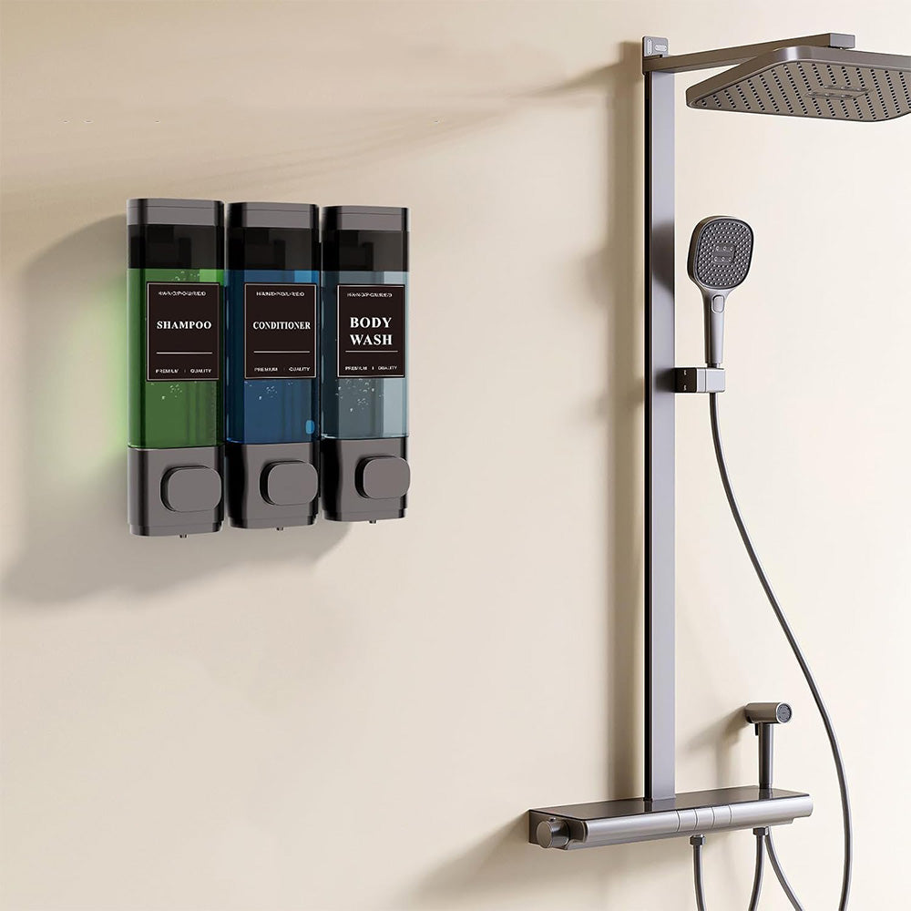 No-Drill Wall-Mounted Triple Soap Dispenser for Bathroom Shampoo Conditioner