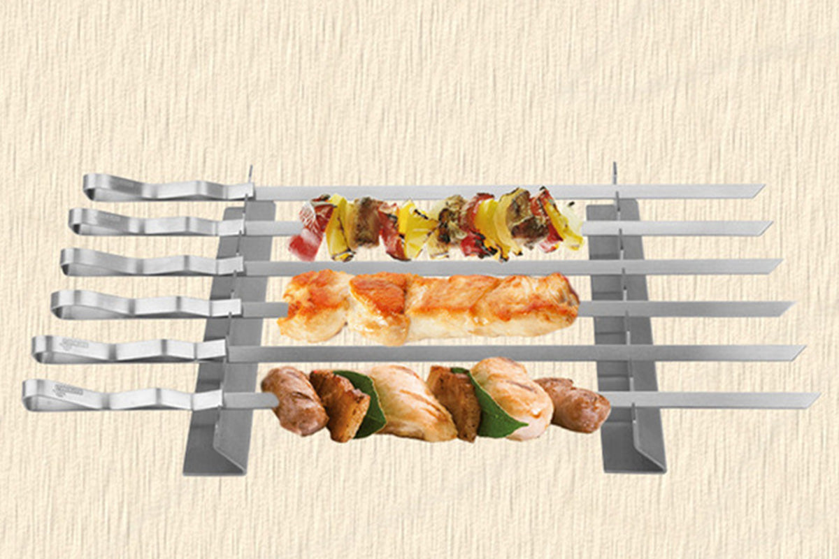 6Pcs Stainless Steel BBQ Skewer Rack Set with 2Pcs Holders for Meat and Vegetables