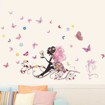 Butterfly Girl Wall Decal Flower Fairy Wall Sticker Colorful Butterflies Wall Decor