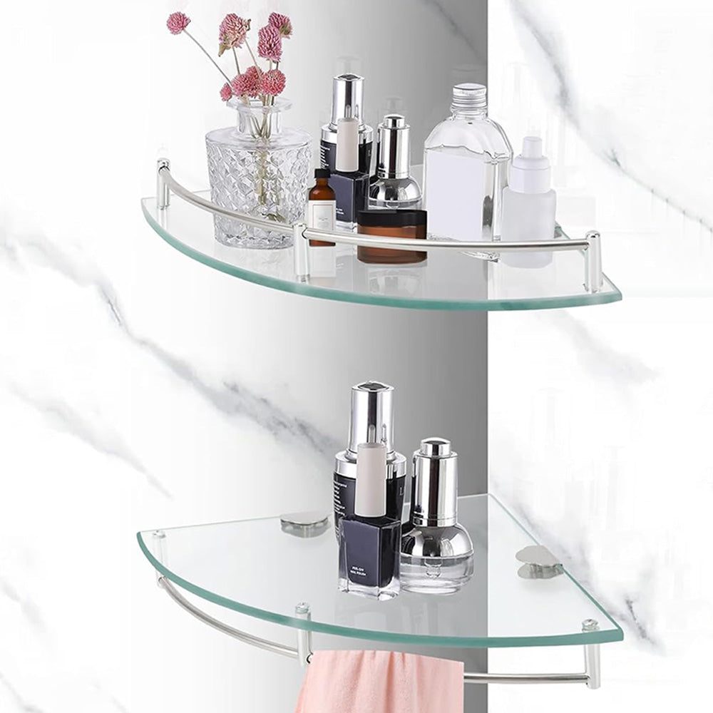 2Pcs Glass Corner Bathroom Shelf with Stainless Steel Guard Rail