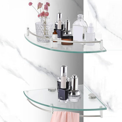 2Pcs Glass Corner Bathroom Shelf with Stainless Steel Guard Rail