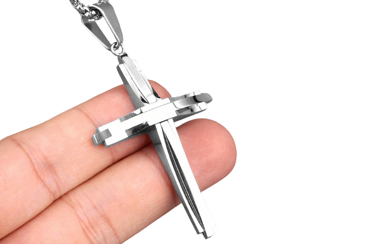 Crucifix Pendant Necklace Titanium Steel Unisex Chain -Silver
