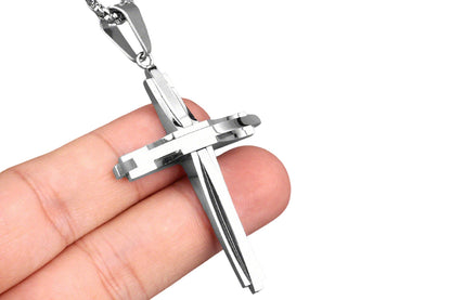 Crucifix Pendant Necklace Titanium Steel Unisex Chain -Silver