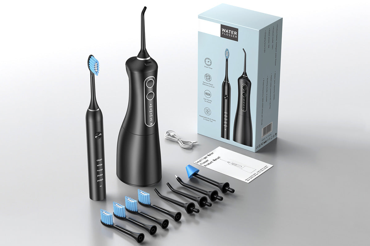Sonic Electric Toothbrush and Water Flosser Combo with 4 Brush Heads -Black