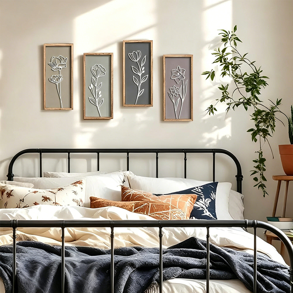 4 Piece Set Wood Frame Floral Hollow Out Wall Art